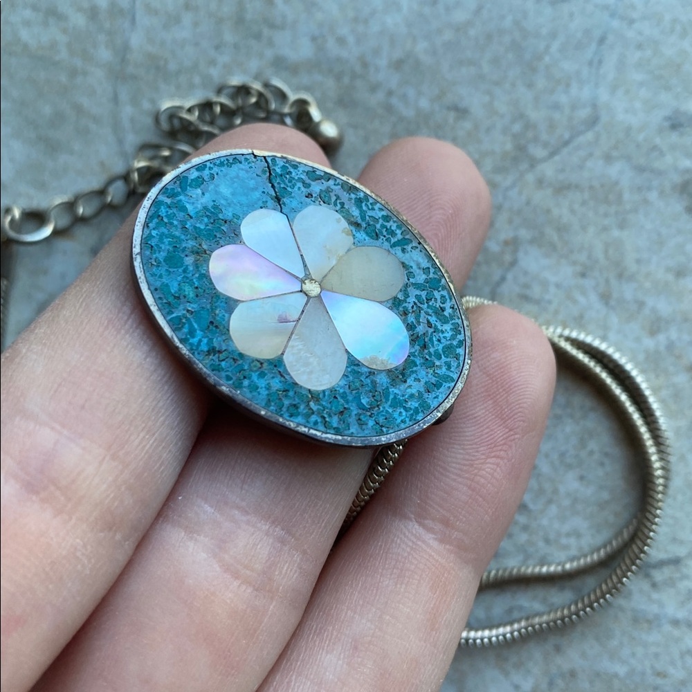 Estate MOP Flower Speckled Turquoise Pendant Necklace